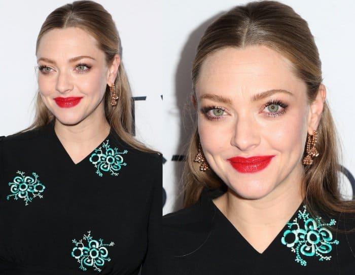 Amanda Seyfried wearing a Chloe mini dress with teal floral embroidery and Givenchy 'Nadia' ankle-strap sandals