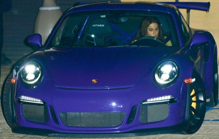 Caitlyn Jenner drives her purple Porsche 911 GT3 RS