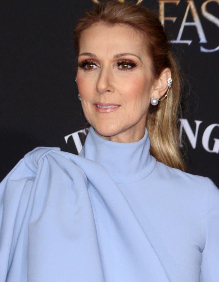 Celine Dion wearing a powder blue Christian Siriano gown at the 'Beauty and the Beast' Hollywood premiere