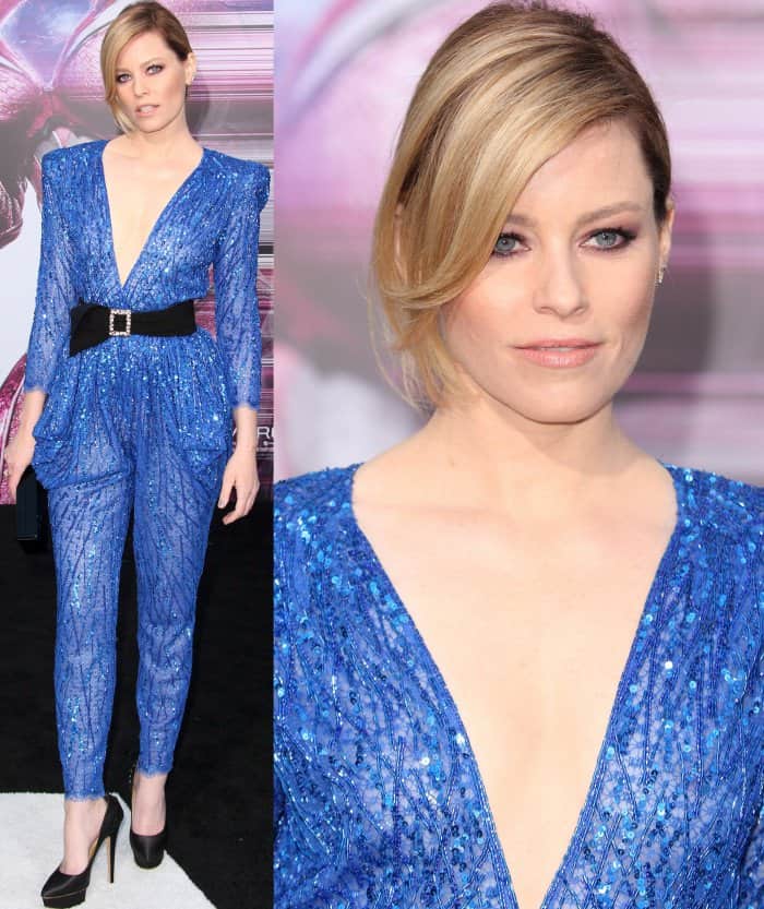 Elizabeth Banks wearing a blue embellished jumpsuit from Zuhair Murad and "Paloma" black satin pumps from Charlotte Olympia at the "Power Rangers" LA premiere