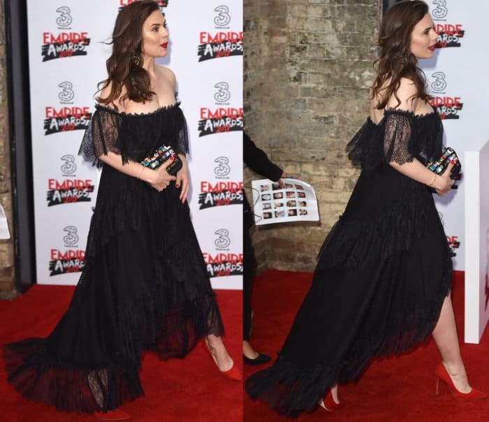 Hayley Atwell wearing a black lace frock from Philosophy di Lorenzo Serafini and red suede pumps from Jimmy Choo at the 2017 Three Empire Awards