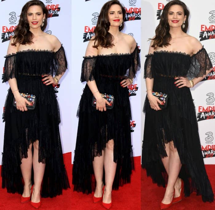 Hayley Atwell wearing a black lace frock from Philosophy di Lorenzo Serafini and red suede pumps from Jimmy Choo at the 2017 Three Empire Awards