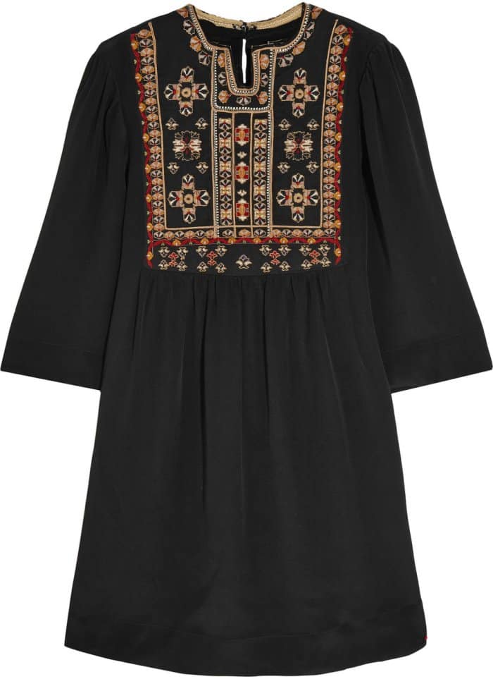 The Isabel Marant "Ren" shift dress features intricate folk-inspired embroidery with red, saffron, and gold yarn on black silk crepe de Chine fabric, showcasing a timeless and elegant design