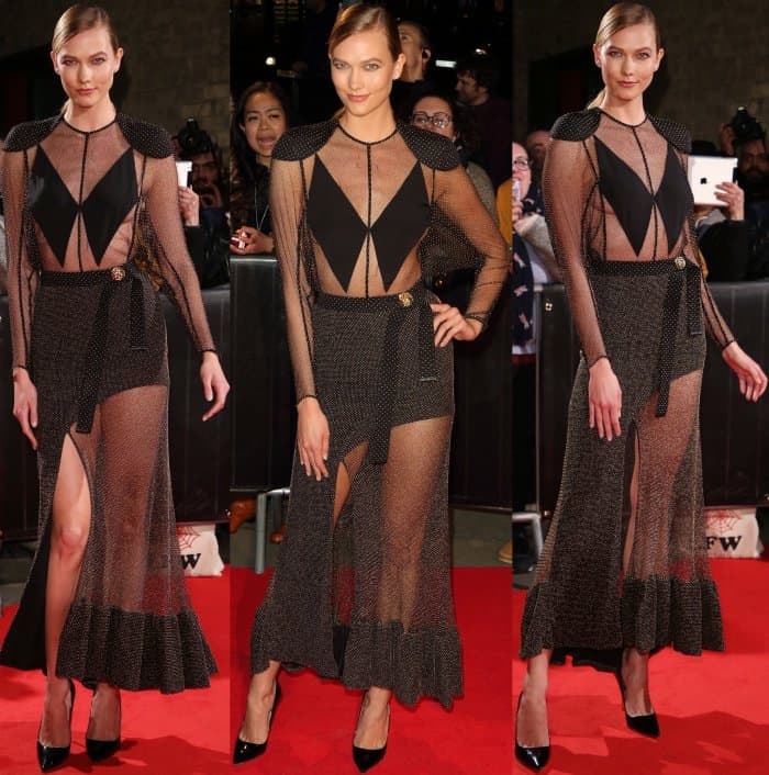 Karlie Kloss stuns in a daring sheer Louis Vuitton gown with structured black detailing and pointy-toe pumps at the Naked Heart Foundation’s Fabulous Fund Fair
