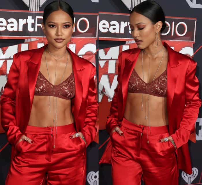 Karrueche Tran confidently flaunted her toned abs in a sheer lace bralette