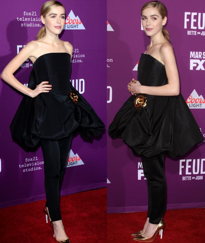 Kiernan Shipka flawlessly masters modern elegance by pairing a voluminous Oscar de la Renta bubble-hem top with sleek cigarette pants and gold Sophia Webster ‘Coco Crystal’ pumps