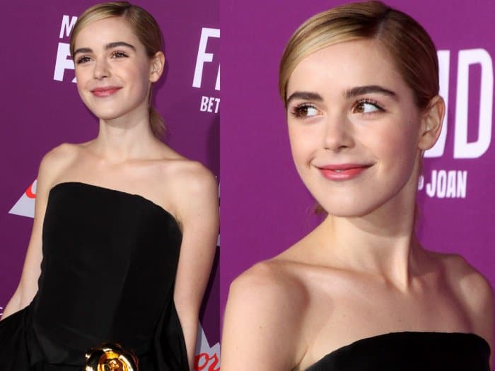 Kiernan Shipka wearing a black Oscar de la Renta fall 2017 ensemble with gold Sophia Webster 'Coco Crystal' pumps