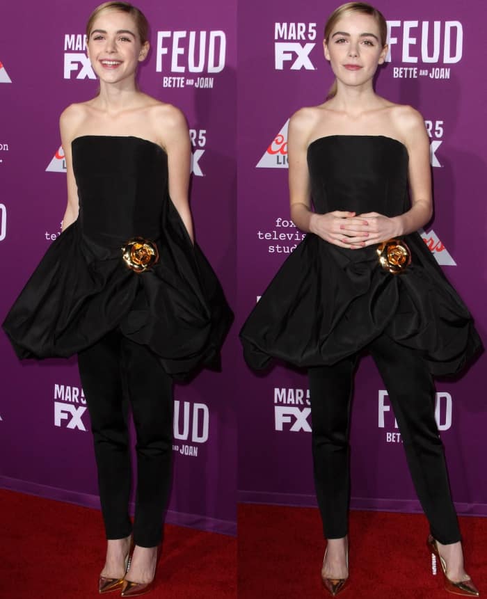 Kiernan Shipka wearing a black Oscar de la Renta fall 2017 ensemble with gold Sophia Webster 'Coco Crystal' pumps