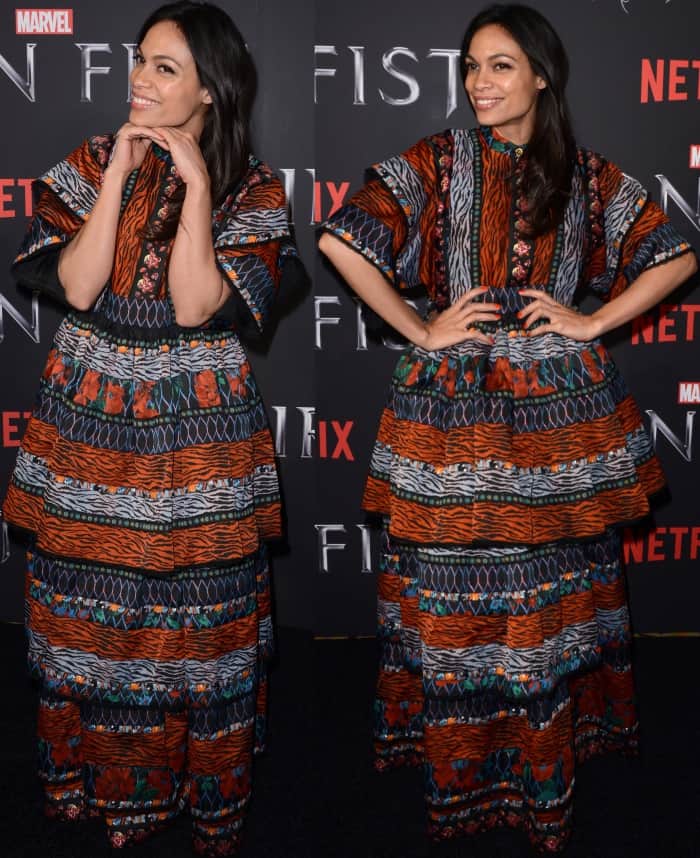 Rosario Dawson wearing a Kenzo x H&M patterned maxi dress at the New York screening of Marvel's "Iron Fist"