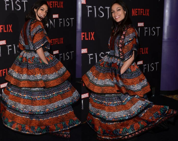 Rosario Dawson wearing a Kenzo x H&M patterned maxi dress at the New York screening of Marvel's "Iron Fist"