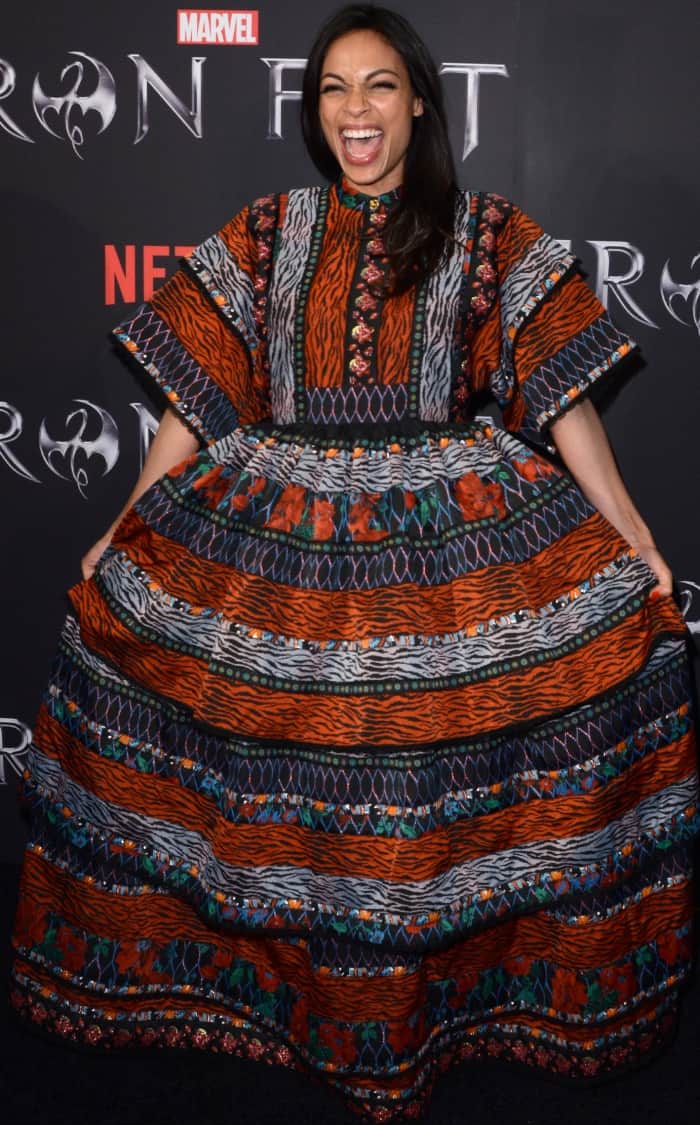 Rosario Dawson wearing a Kenzo x H&M patterned maxi dress at the New York screening of Marvel's "Iron Fist"