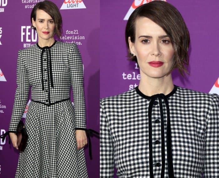 Sarah Paulson wearing a black and white vintage Valentino gingham dress and Nicholas Kirkwood "Leda" pumps in black suede