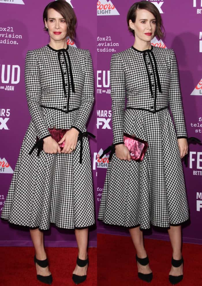 Sarah Paulson wearing a black and white vintage Valentino gingham dress and Nicholas Kirkwood "Leda" pumps in black suede