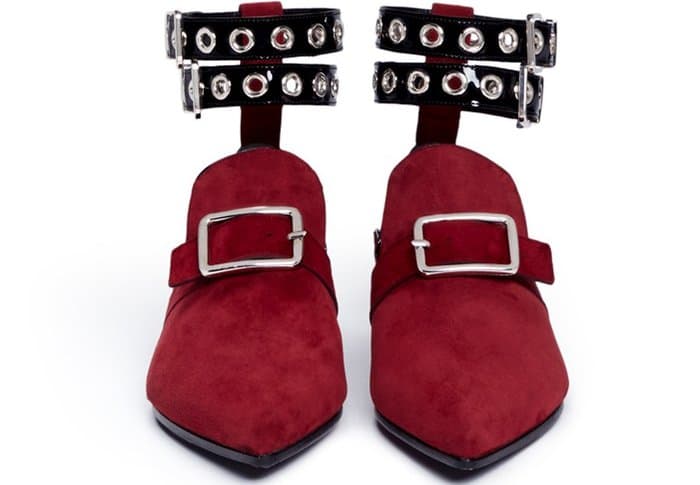 Self-Portrait x Robert Clergerie “Lolli” Eyelet Ankle Strap Suede Loafers in Dark Red