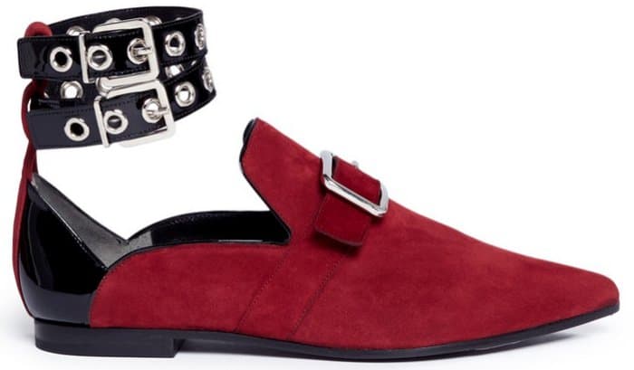 Self-Portrait x Robert Clergerie “Lolli” Eyelet Ankle Strap Suede Loafers in Dark Red