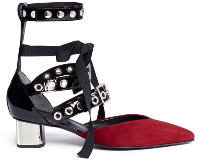 Self-Portrait x Robert Clergerie “Susa” Eyelet Strappy Suede Pumps in Dark Red and Black