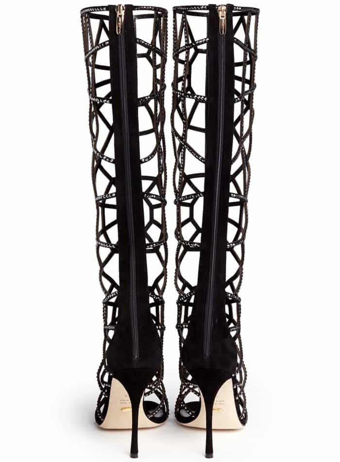 Sergio Rossi “Puzzle” Suede Strass Cutout Cage Sandal Boots
