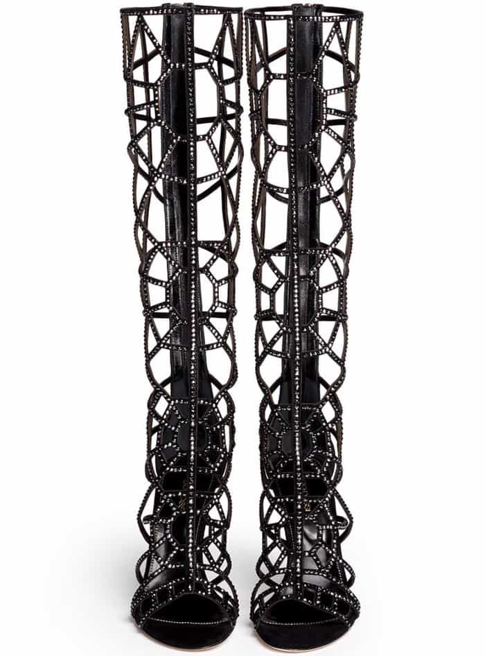 Sergio Rossi “Puzzle” Suede Strass Cutout Cage Sandal Boots