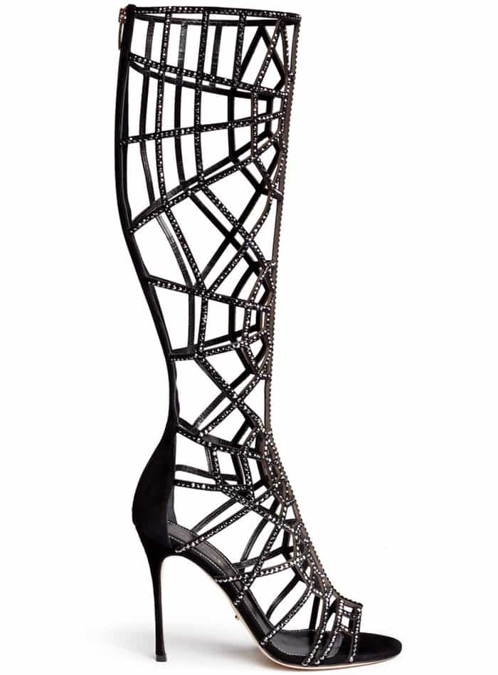 Sergio Rossi “Puzzle” Suede Strass Cutout Cage Sandal Boots