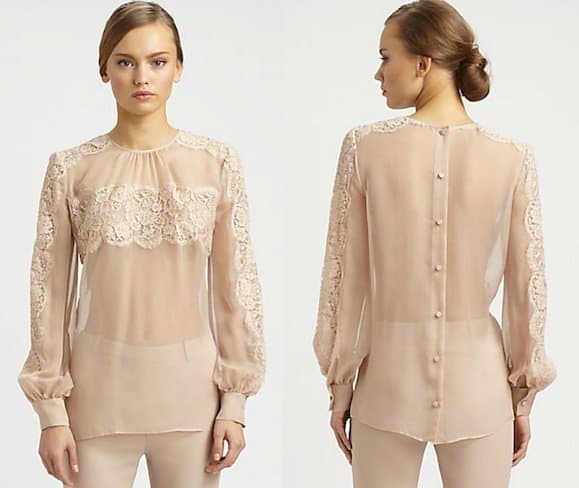 Valentino Lace-Trimmed Silk Blouse in Poudre