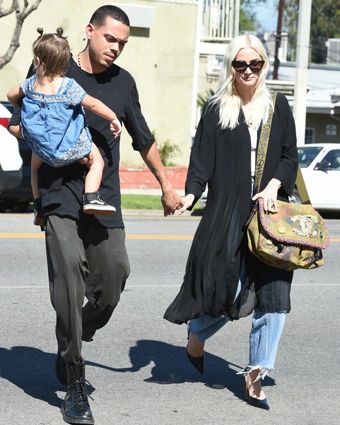 Ashlee Simpson and Evan Ross coordinated in relaxed, edgy streetwear while out in Los Angeles with their daughter, who looked adorable in a denim dress and sneakers