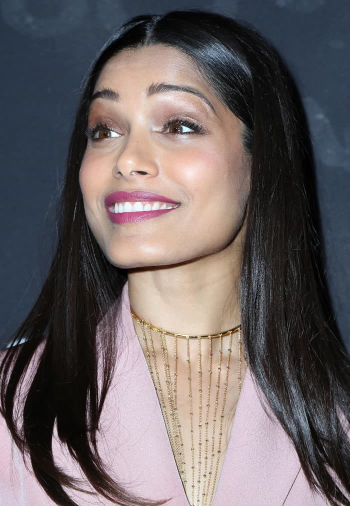 Freida Pinto showcases sleek straight hair, bold pink lips, and a statement gold necklace with delicate chain details