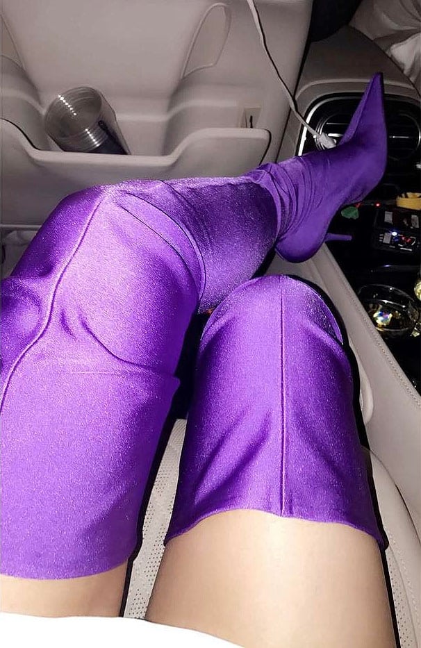 Kylie Jenner's Snapchat of her purple Balenciaga stretch boots.