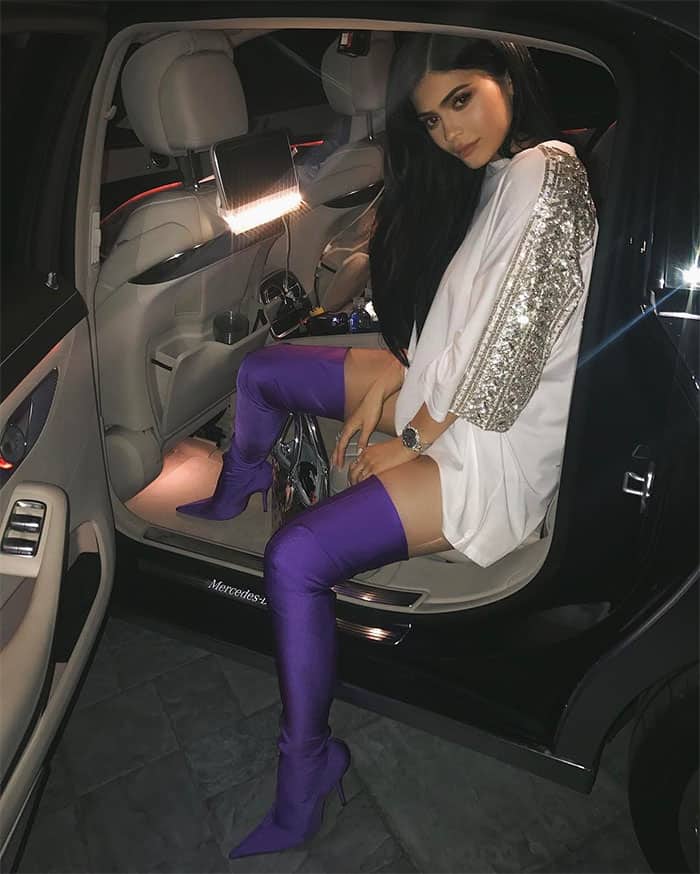 Kylie Jenner's Instagram post of her outfit with purple Balenciaga spandex thigh-high boots for the PrettyLittleThing Campaign Launch for PLT SHAPE -- posted on April 11, 2017.