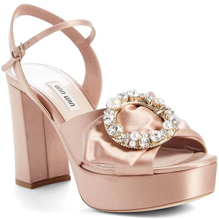 Miu Miu embellished platform sandals in beige satin