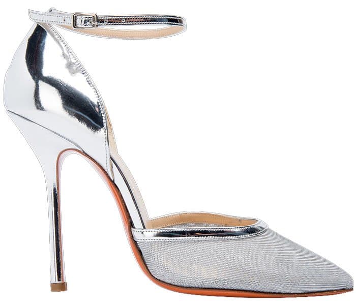 Soebedar “Dona” Silver Patent Leather and Silver Mesh Ankle-Strap Pumps
