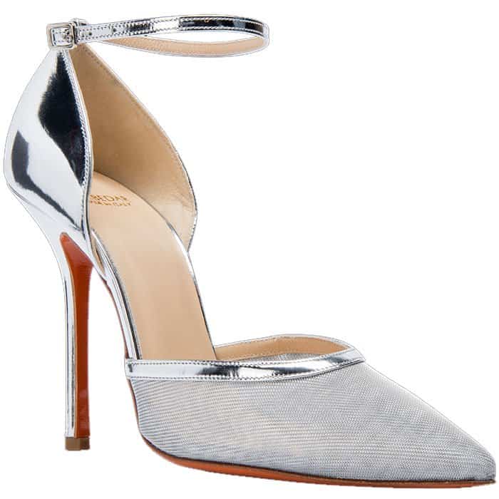 Soebedar “Dona” Silver Patent Leather and Silver Mesh Ankle-Strap Pumps
