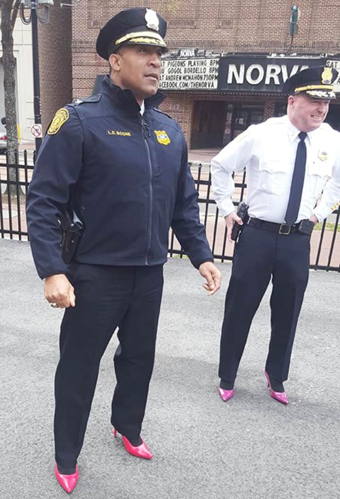 Chief L. Boone and Deputy Chief J. Clark from Virginia proudly wear pink heels to raise awareness