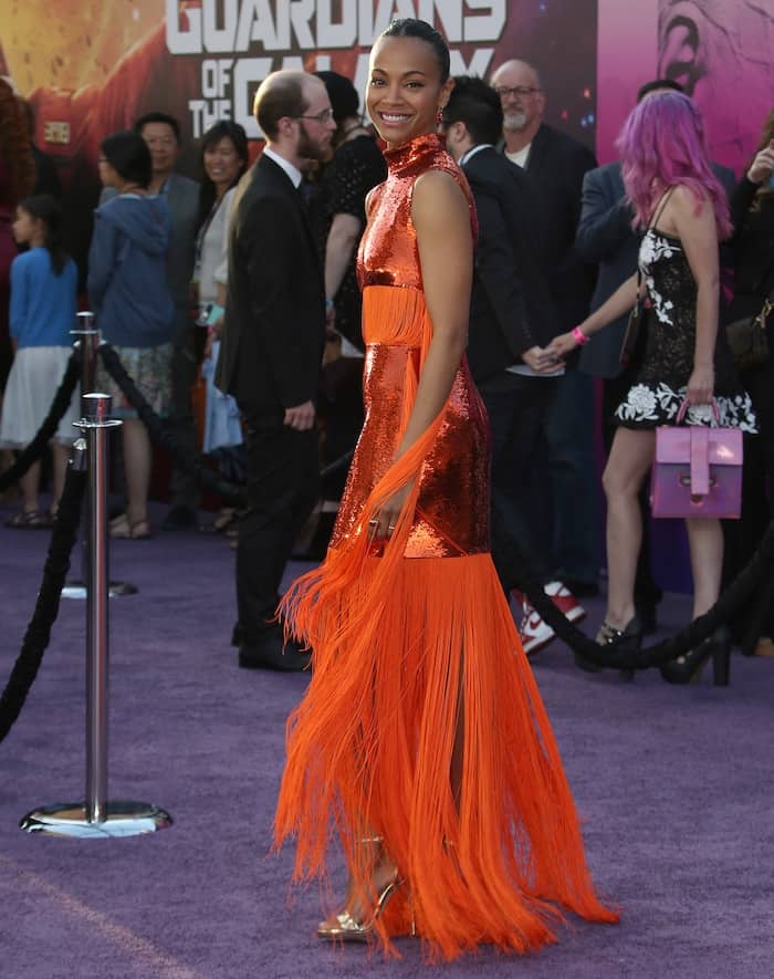 Zoe Saldana in a custom Emilio Pucci gown for the world premiere of Guardians of the Galaxy Vol. 2 at the Dolby Digital Theatre in Los Angeles on April 19, 2017