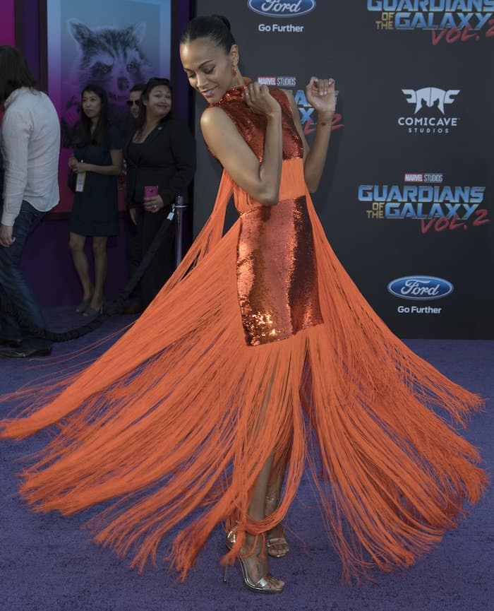 Zoe Saldana was dressed in a custom Emilio Pucci creation that was decked with sequins and fringe