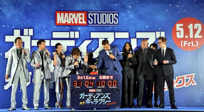 Japanese voice cast Kenichi Endo, Koji Kato, Sayaka Akimoto, Koichi Yamadera, Chris Pratt, Zoe Saldana, Dave Bautista and director James Gunn attending the Tokyo Premiere of 'Guardians of the Galaxy Vol.2' at Brillia Running Stadium in Tokyo, Japan, on April 10, 2017