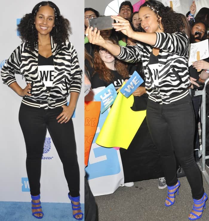 Alicia Keys wearing a monochromatic outfit with electric blue "Chantal" sandals from Giuseppe Zanotti