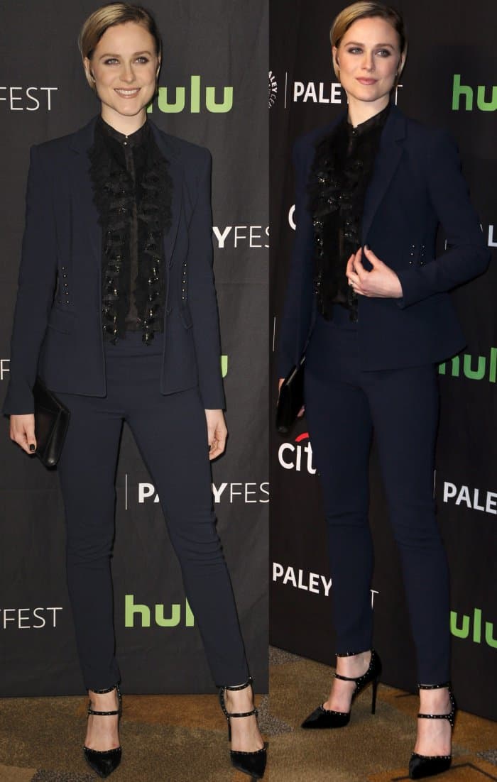 Evan Rachel Wood looked absolutely fabulous in a slim-fitting navy pant suit that exuded sophistication