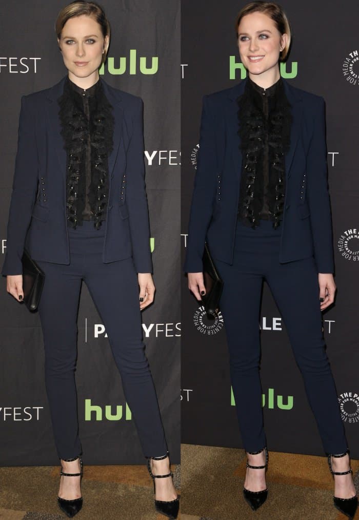 Evan Rachel Wood exuding timeless elegance in a ruffled shirt and a stunning Roberto Cavalli suit at Media’s 34th Annual PaleyFest Los Angeles “Westworld” Panel