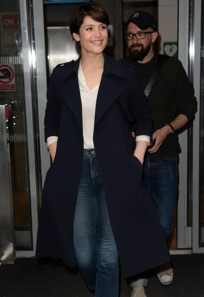 Gemma Arterton arriving at the BBC Radio 2 studios in Gucci "Karen" booties