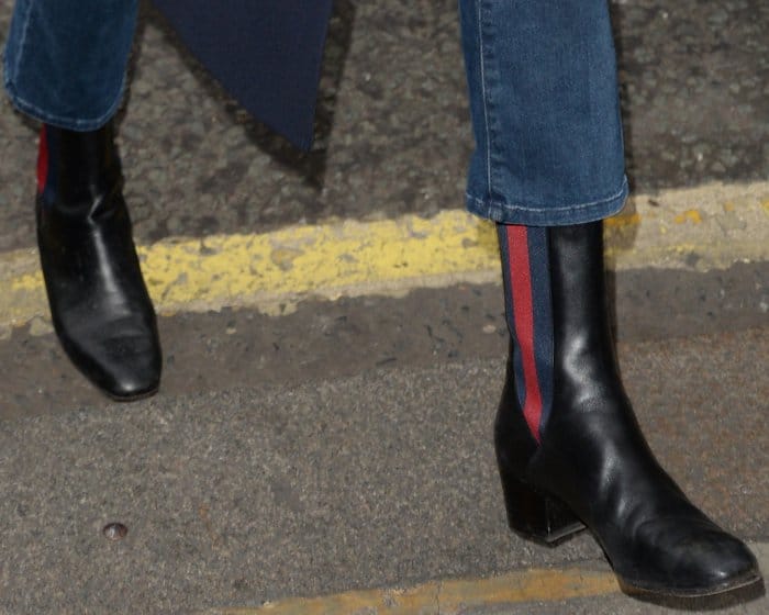 Gemma Arterton arriving at the BBC Radio 2 studios in Gucci "Karen" booties