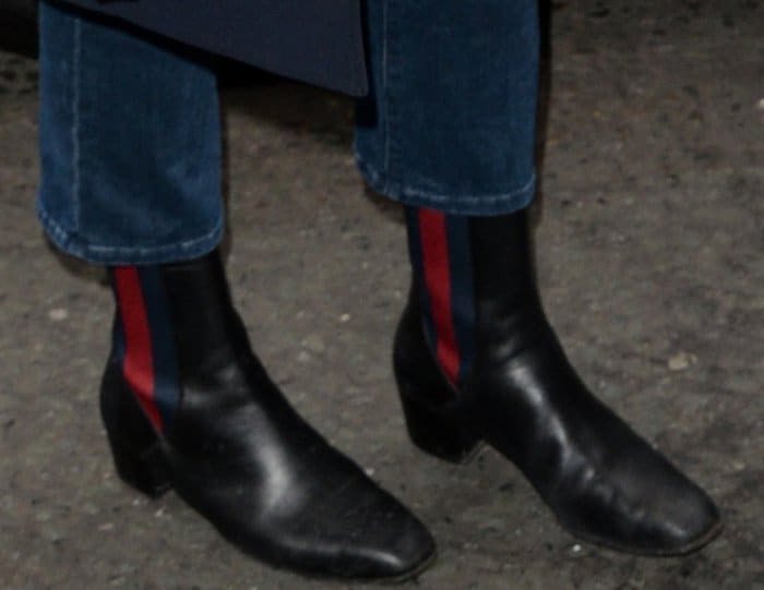 Gemma Arterton arriving at the BBC Radio 2 studios in Gucci "Karen" booties