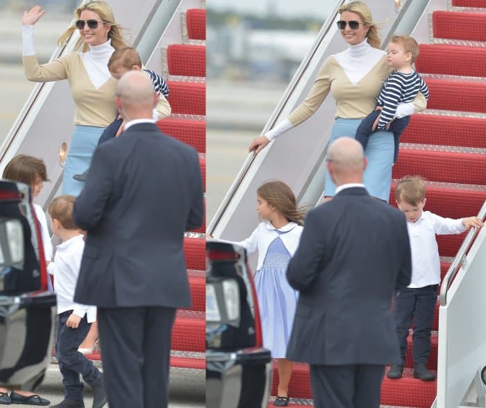 Ivanka Trump stepping off the plane with Theodore Kushner, Arabella Rose Kushner, and Joseph Frederick Kushner