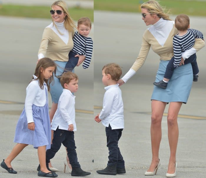 Ivanka Trump wearing a beige-and-white turtleneck sweater, powder blue skirt, and nude leather "Carra" pumps from her namesake label