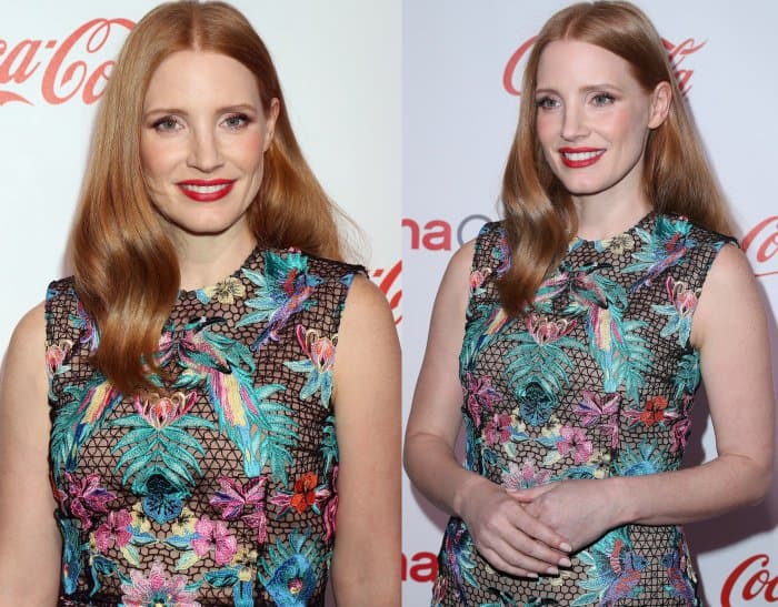 Jessica Chastain wearing a Zuhair Murad macrame dress and Stuart Weitzman sandals at the CinemaCon 2017 Big Screen Achievement Awards