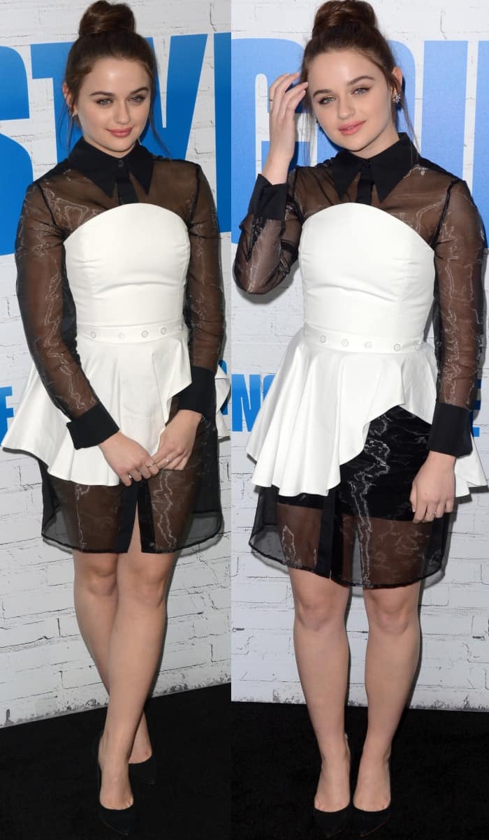 Joey King wearing a black and white 16Arlington dress and black pumps at the "Going in Style" New York premiere