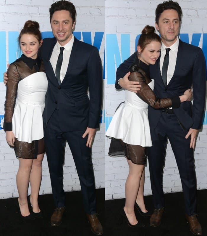 Joey King, dressed in a chic black-and-white 16Arlington dress, poses with director Zach Braff at the Going in Style premiere
