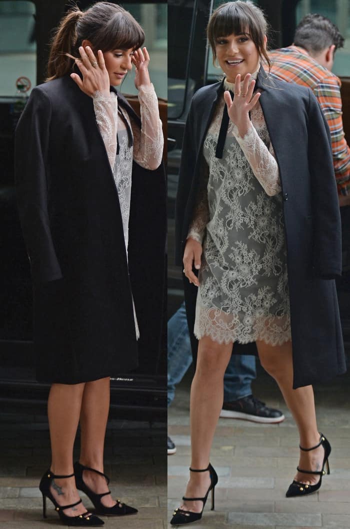 Lea Michele wearing a Philosophy di Lorenzo Serafini lace dress and Jimmy Choo "Lacey" pumps