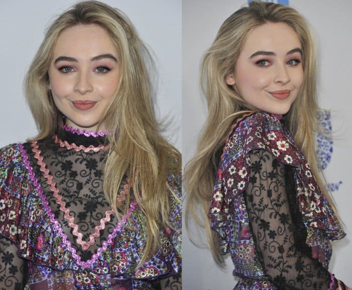Sabrina Carpenter embraces boho-chic style at the WE Day event held at The Forum in Inglewood, California, on April 27, 2017, wearing a colorful floral and lace Anna Sui ensemble with playful ruffled details