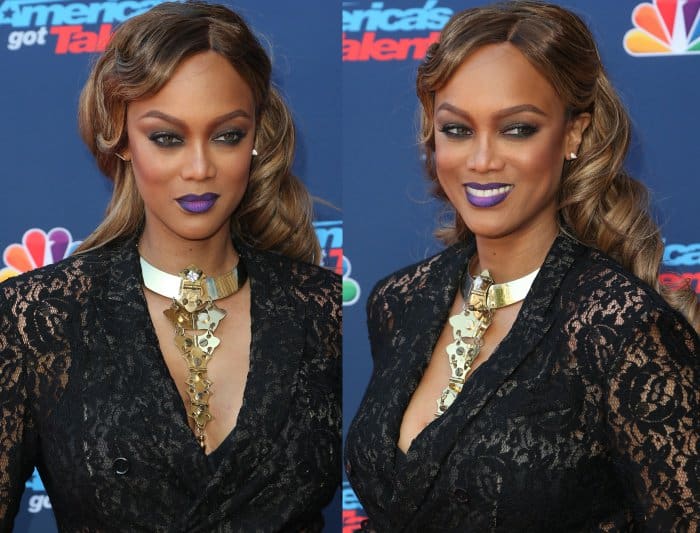 Tyra Banks wearing a sheer black lace ensemble with black booties at the "America's Got Talent" Season 12 Kickoff