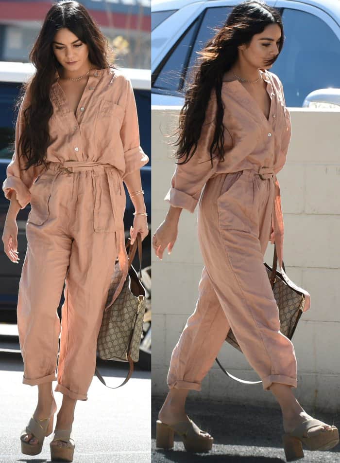 Vanessa Hudgens' Eyals" button-up jumpsuit offered a fashionable twist to her ensemble with its slightly cropped length and cinched waist